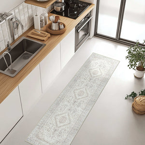 Modern kitchen with white cabinets and wood countertops featuring the Vernal Senglea Beige, Taupe & Cream Machine Washable Runner, perfectly placed in front of the sink and stove area for a blend of comfort and style.
