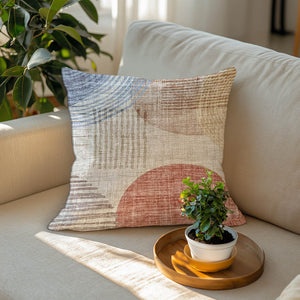 Green Decore Vernal Solomon Beige and Brown Indoor Cushion featuring abstract linear and circular patterns in muted tones. Perfect for minimalist or modern interiors, this decorative cushion enhances cosy sofa spaces with a soft, natural aesthetic and neutral palette.