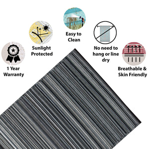 Black Outdoor Rug with fine striped texture shown alongside icons highlighting features like sunlight protection, easy cleaning, no need to line dry, breathability, and a 1-year warranty.
