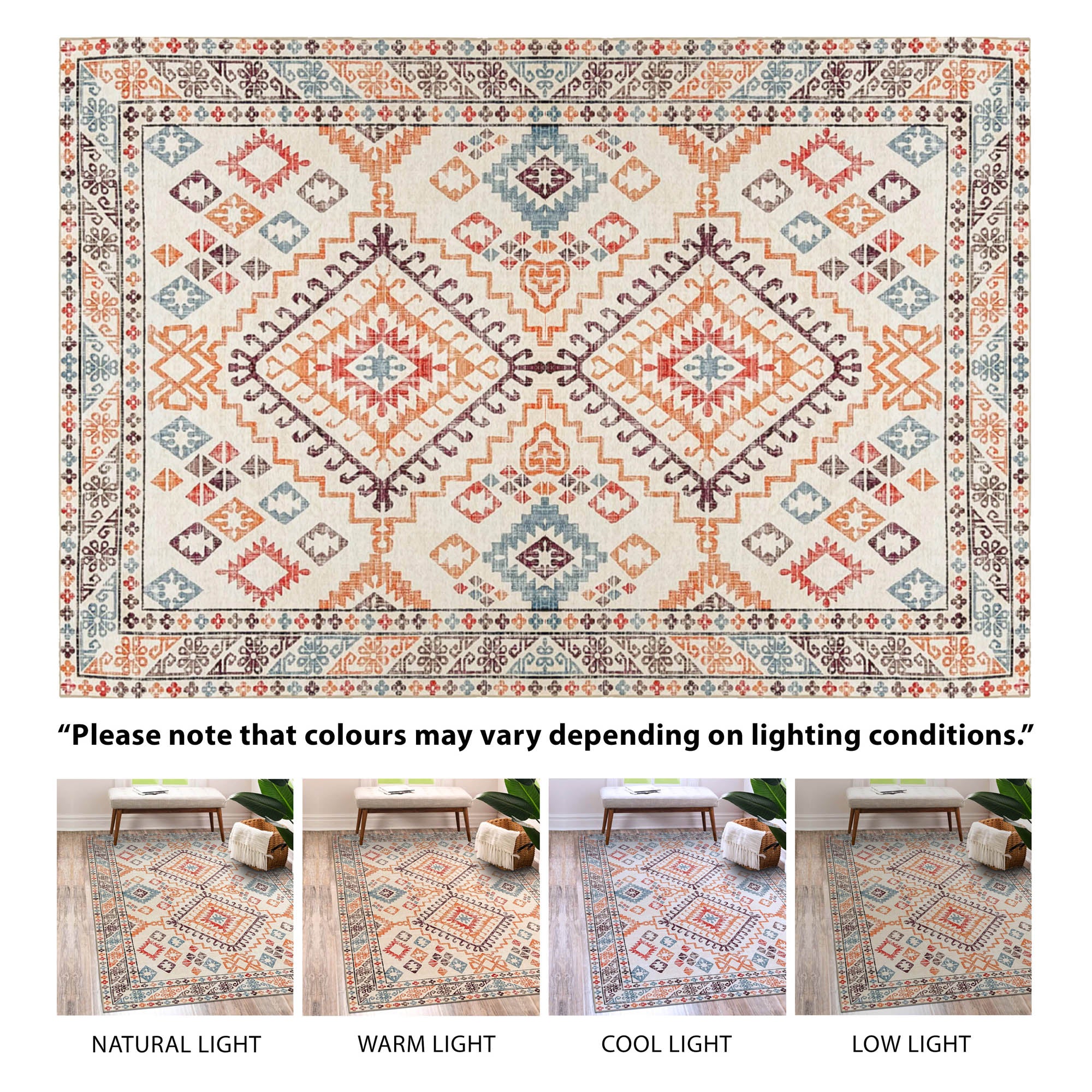 Condition Rugs Vernal Yonker Orange/Blue/Cream Machine Washable Rug - For Living Room