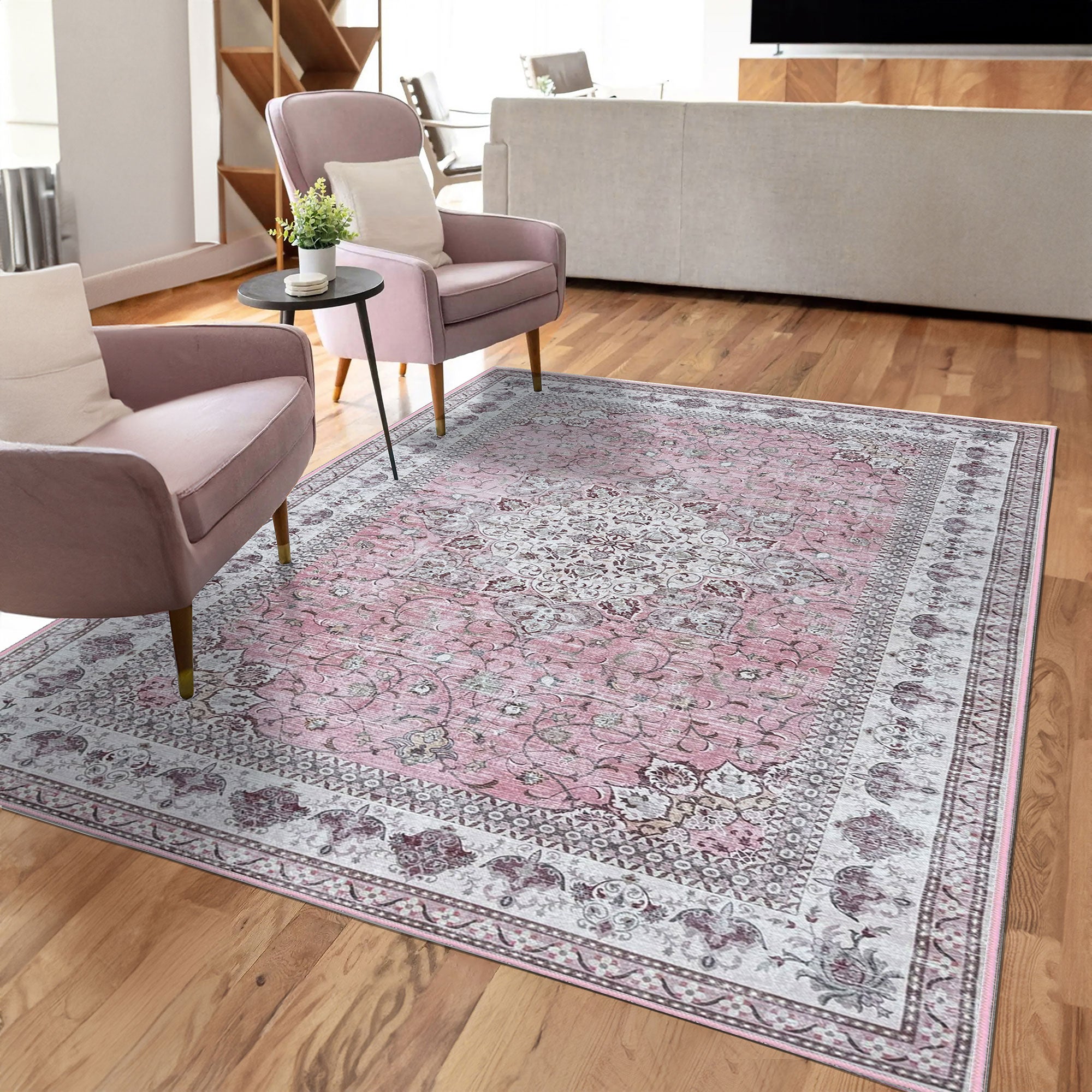 Adora Cherry Pink, Maroon & Cream Machine Washable Rug and Runner - For Living Room, Dining Room, Bedroom, Kitchens, Kids/Nursery Room