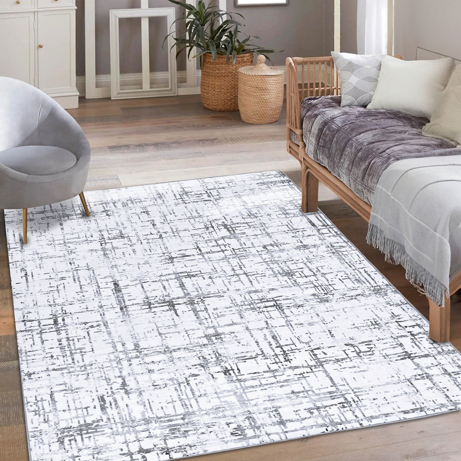 Evia Grey & White Machine Washable Rug and Runner - For Living Room, Dining Room, Bedroom, Kitchens, Kids/Nursery Room