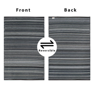 Black Outdoor Rug with a striped pattern displayed in front and back views, showcasing its reversible design for versatile styling in outdoor or patio areas.
