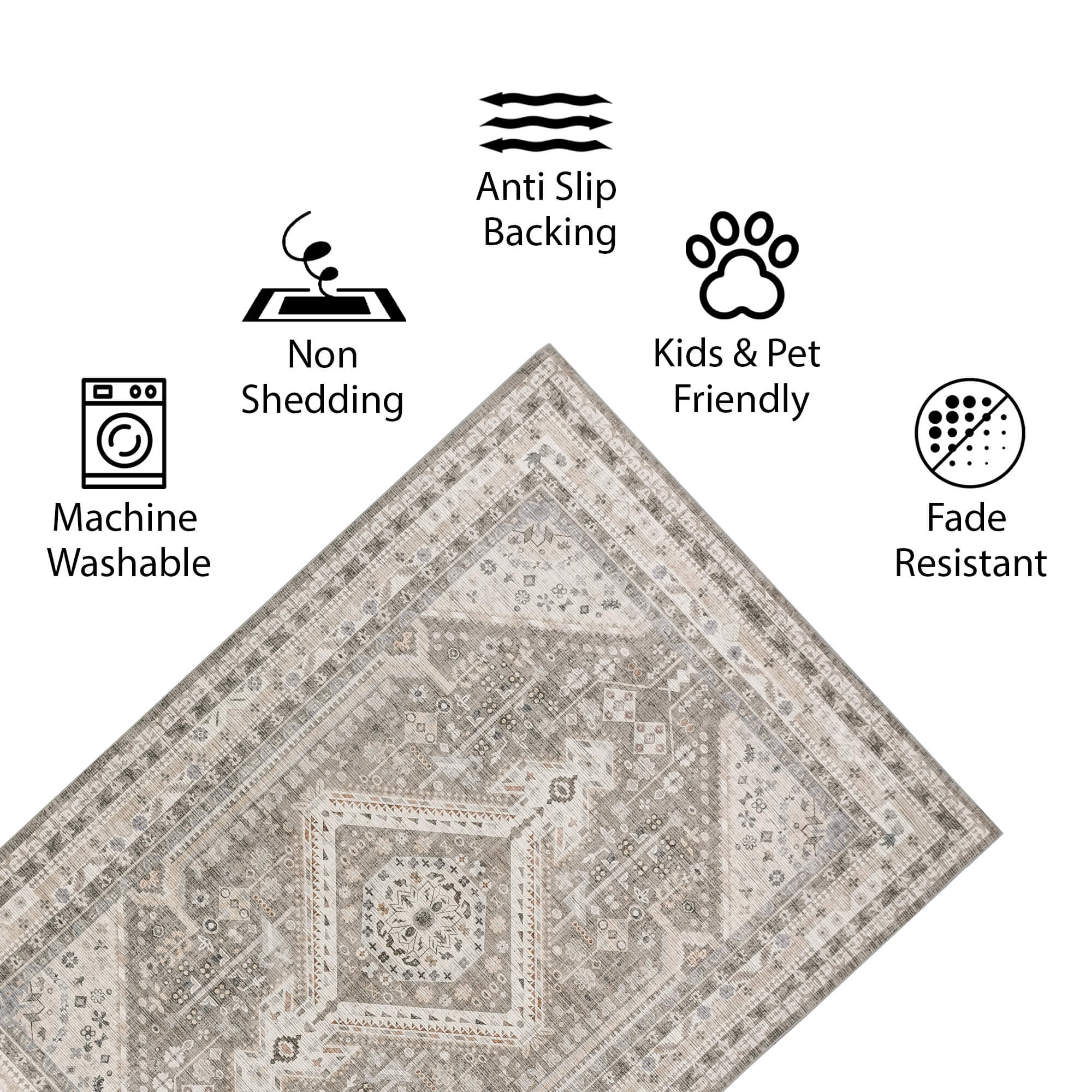 Vernal Senglea Persian Beige Machine Washable Rug - For Living Room, Dining Room, Bedroom, Hallway, Kitchens, Kids/Nursery Room
