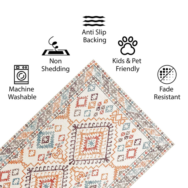 Vernal Yonker Orange/Blue/Cream Machine Washable Rug - For Living Room
